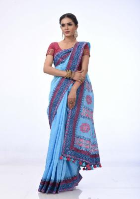 Sky Blue Printed and Embroidered Half silk saree