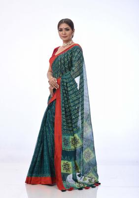 Green Half Silk Saree Printed And Embroidered
