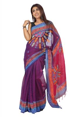 Purple Color Cotton Saree Printed and Embroidered