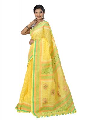 Yellow Color Half Silk Saree Printed and Embroidered