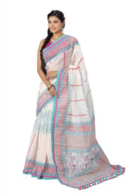 White Color Half Silk Saree Printed and Embroidered