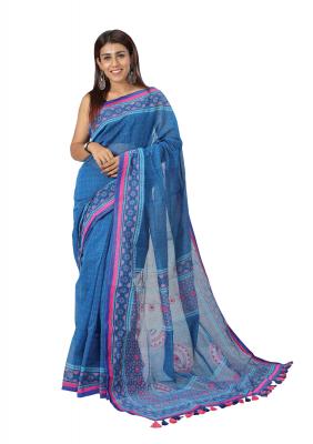 Turquoisde Blue Color Half Silk Saree Printed and Embroidered