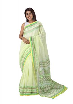 Lime Green Color Half Silk Sharee Printed And Embroidered