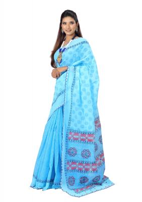 Sky Blue Color Half Silk Sharee Printed And Embroidered
