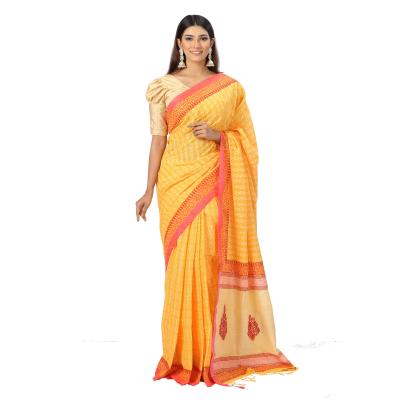 Yellow  Cotton Saree Block Printed And Embroidered