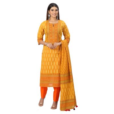 Yellow Cotton Shalwar Kameez Block Printed And Embroidered