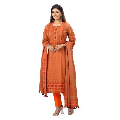 Brown Cotton Shalwar Kameez  Block Printed and Embroidered