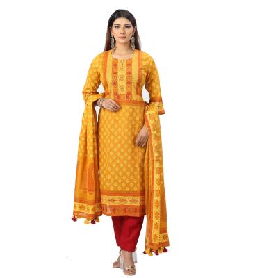 Yellow Cotton Shalwar Kameez Block Printed And Embroidered