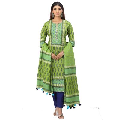 Green Cotton Shalwar Kameez Block Printed And Embroidered