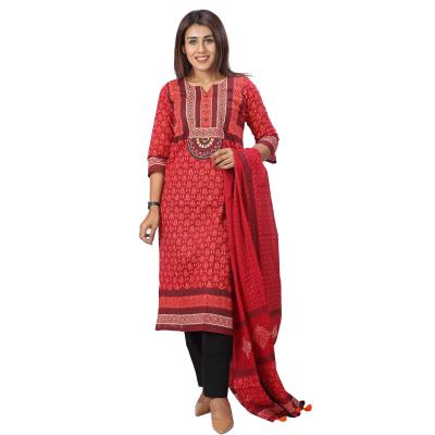Red Cotton Shalwar Kameez Block Printed and Embroidered