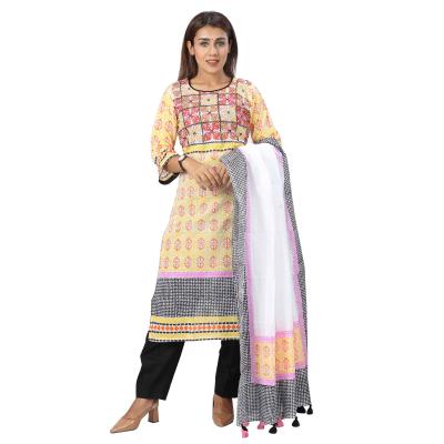 Off White Cotton Shalwar Kameez Block Printed And Embroidered